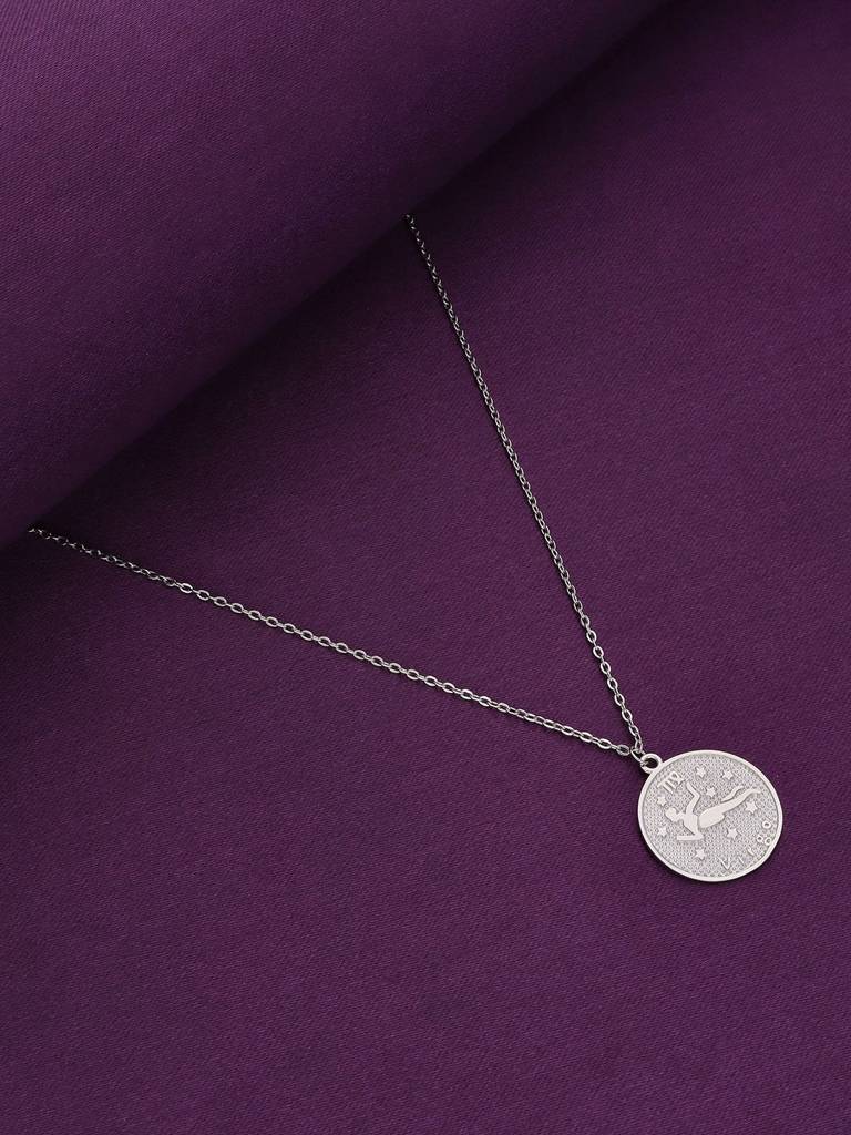Sterling Silver Minimalistic Virgo Zodiac Engraved Disc Chain Necklace : NLCS98-S-NA