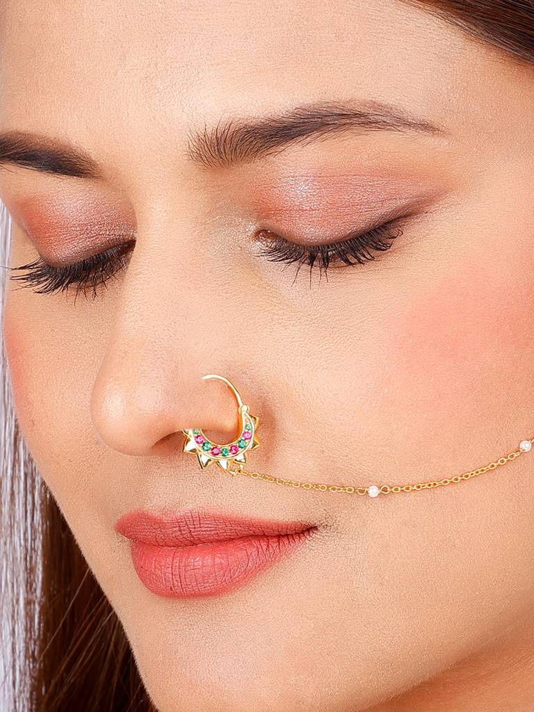 GIVA 925 Sterling Silver Golden Colourful Nose Ring with Chain