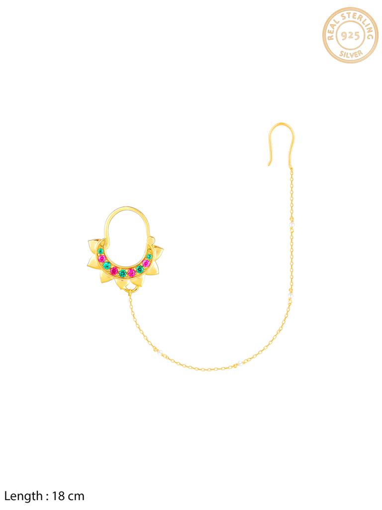 GIVA 925 Sterling Silver Golden Colourful Nose Ring with Chain
