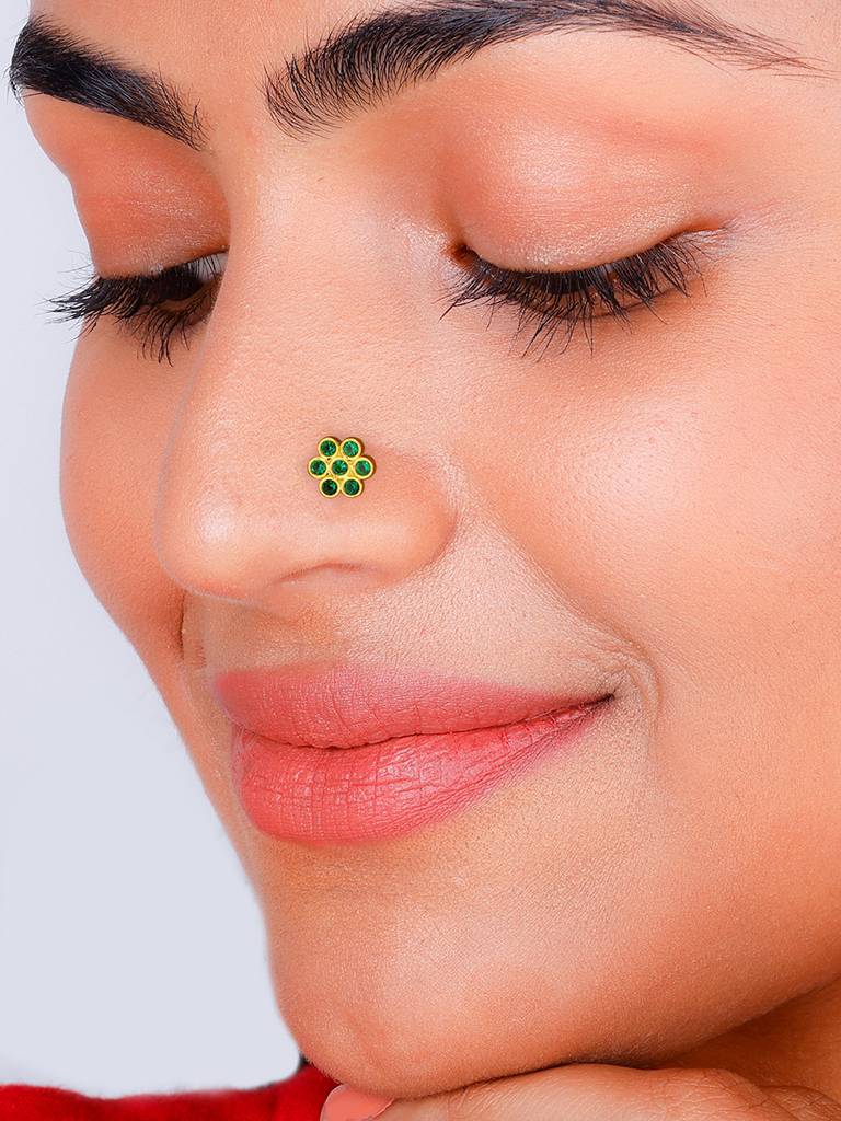 GIVA 925 Sterling Silver Golden Green Stone Nose Pin