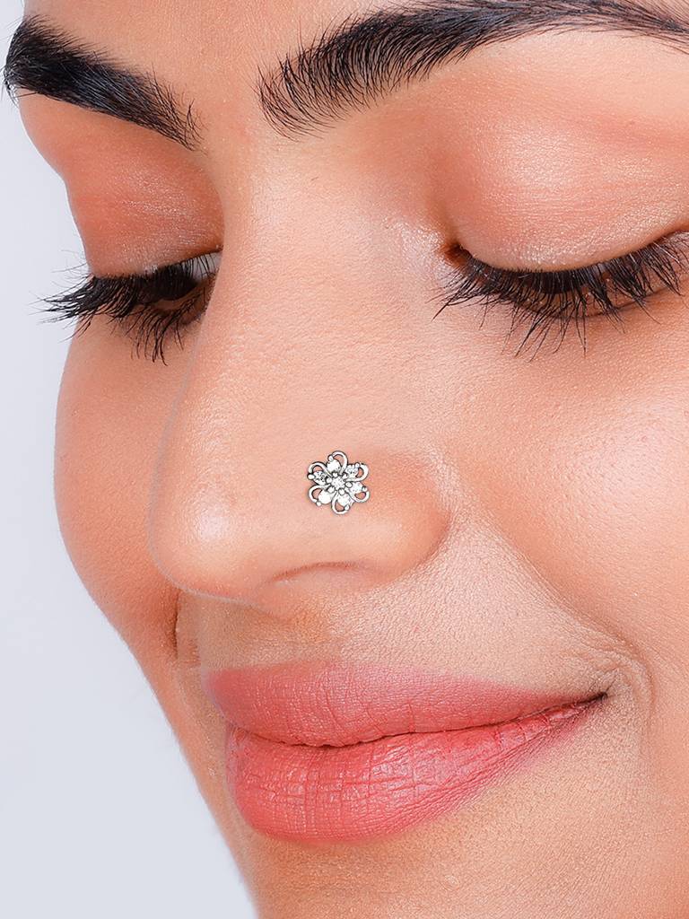 GIVA 925 Sterling Silver Zircon Studded Floral Nose Pin