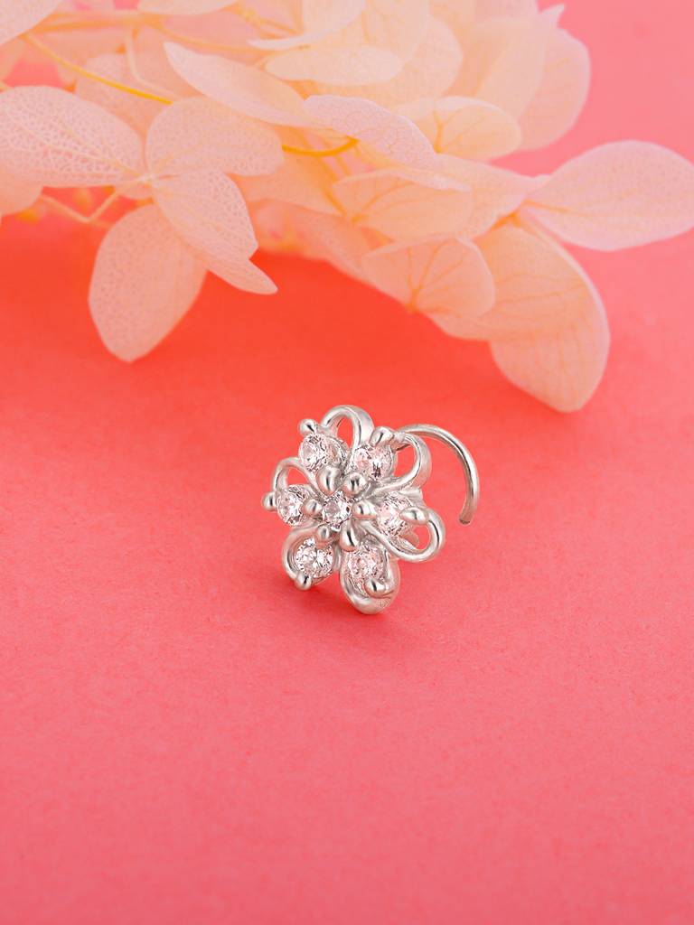 GIVA 925 Sterling Silver Zircon Studded Floral Nose Pin