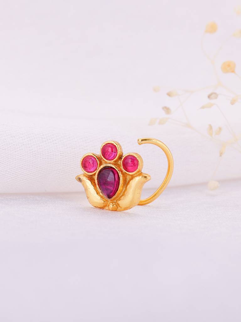 GIVA 925 Sterling Silver Golden Pink Stone Lotus Nose Pin