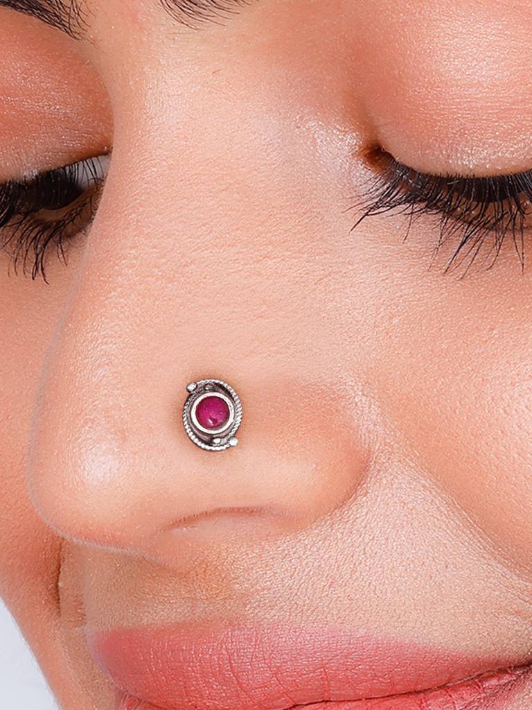 GIVA 925 Sterling Silver Oxidised Silver Pink Stone Nose Pin