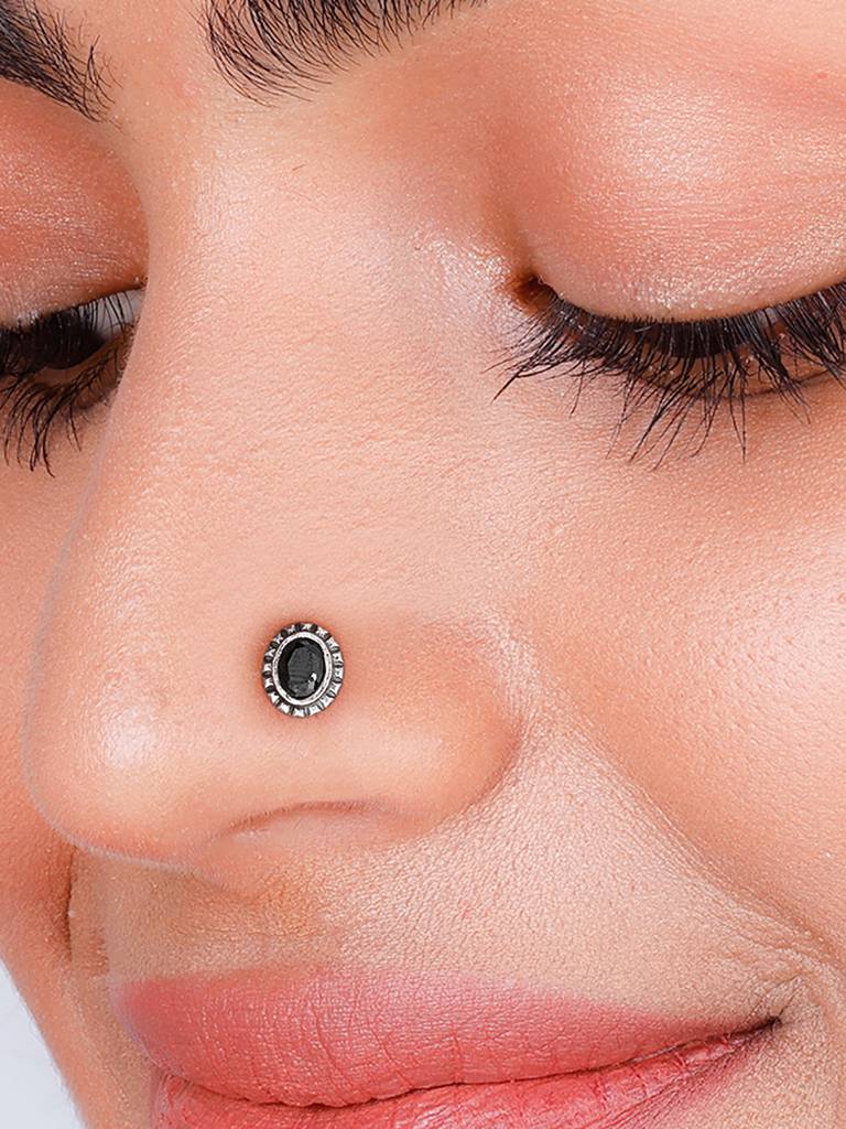 GIVA 925 Sterling Silver Oxidised Black Oval Stone Nose Pin GIVA