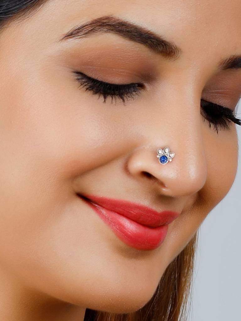 GIVA 925 Sterling Silver Oxidised Silver Blue Ocean Nose Pin