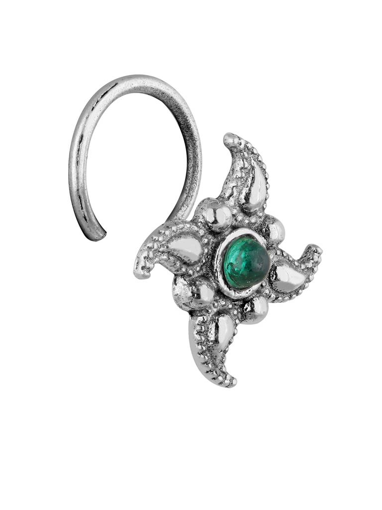 GIVA 925 Sterling Silver Oxidised Silver Floral Green Nose Pin
