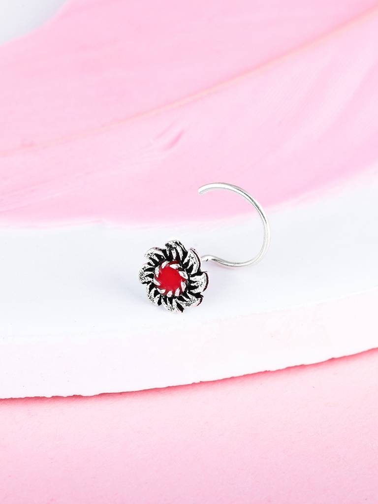 Giva 925 Sterling Silver Oxidised Silver Red Flower Nose Pin