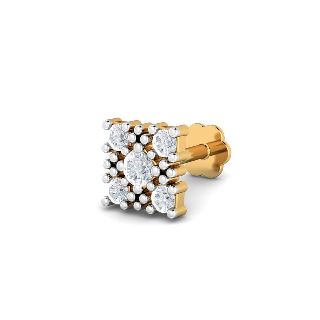 KuberBox 18K Yellow Gold Square Motif 0.09 Carat Nose Stud
