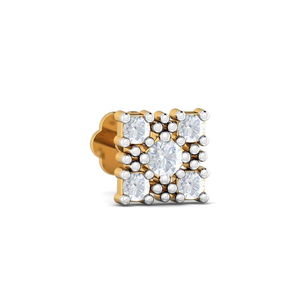 KuberBox 18K Yellow Gold Square Motif 0.09 Carat Nose Stud