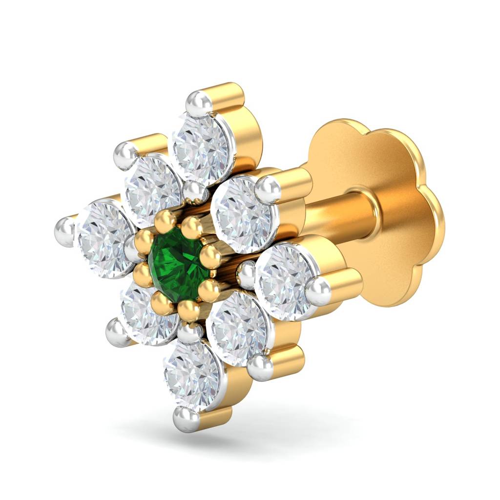 KuberBox 18K Yellow Gold Shagun Emerald Nose Stud