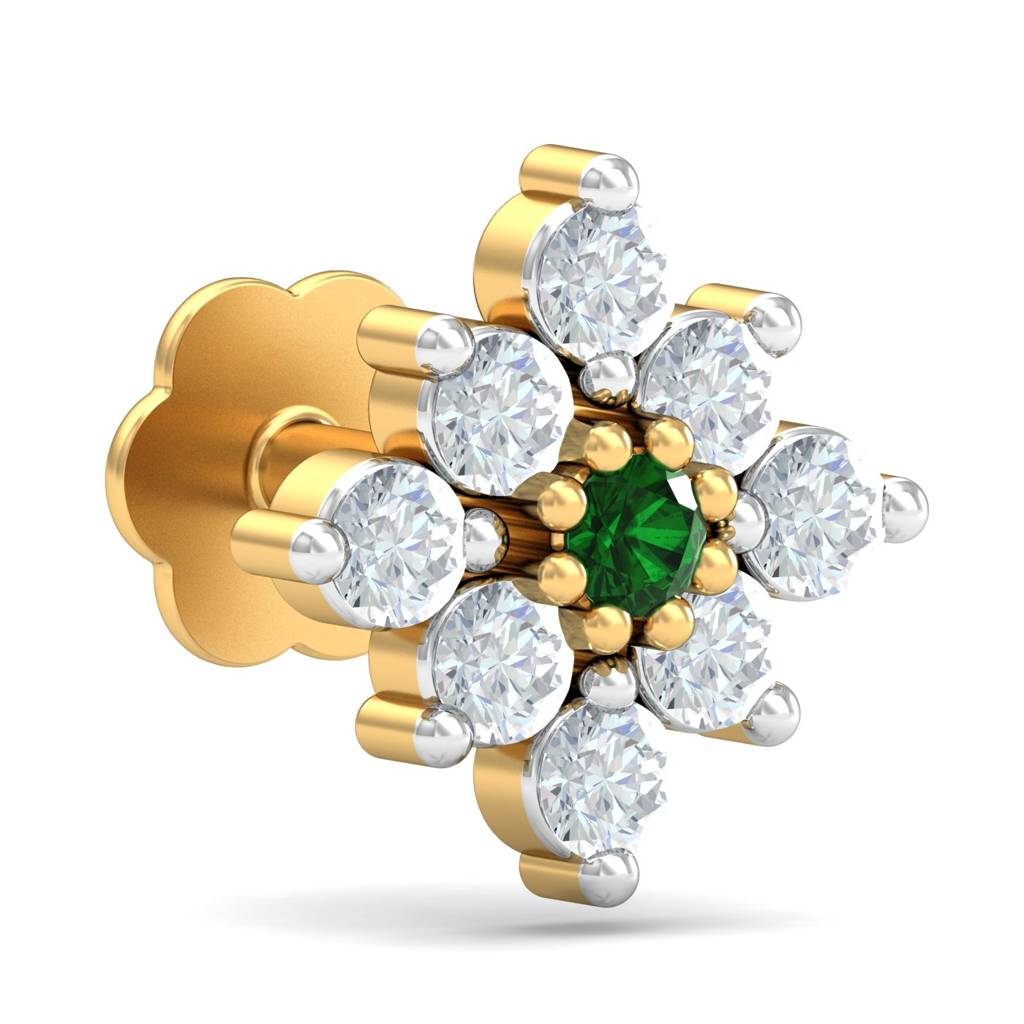 KuberBox 18K Yellow Gold Shagun Emerald Nose Stud