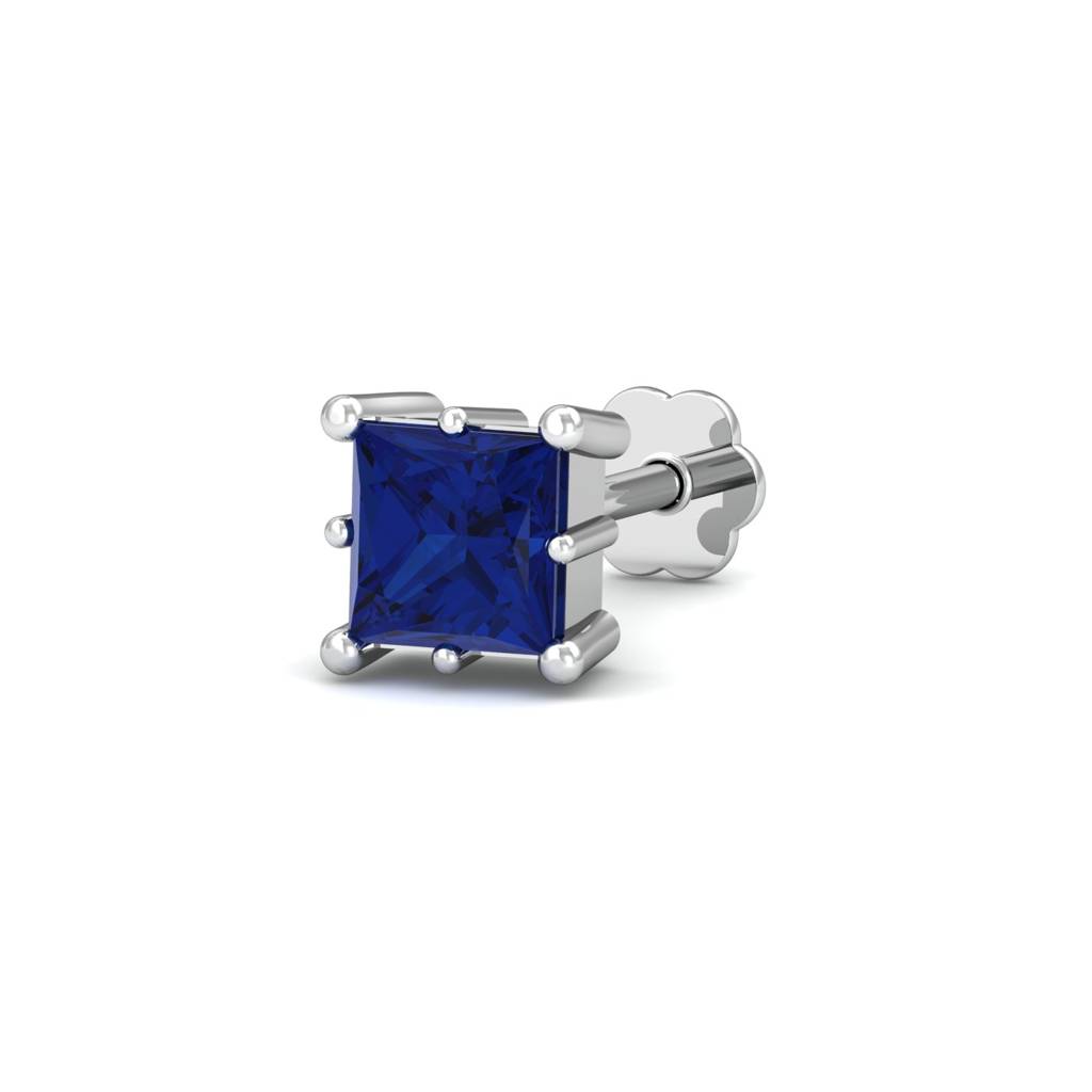 KuberBox 18K White Gold Parzva Blue Sapphire Nose Pin