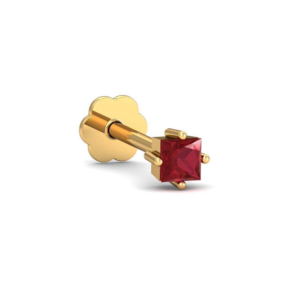 KuberBox 18K Yellow Gold 2.5mm Square Ruby Nose Stud