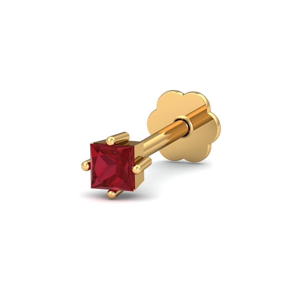 KuberBox 18K Yellow Gold 2.5mm Square Ruby Nose Stud