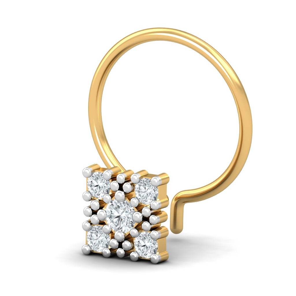 KuberBox 18K Yellow Gold Square Motif 0.09 Carat Nose Pin