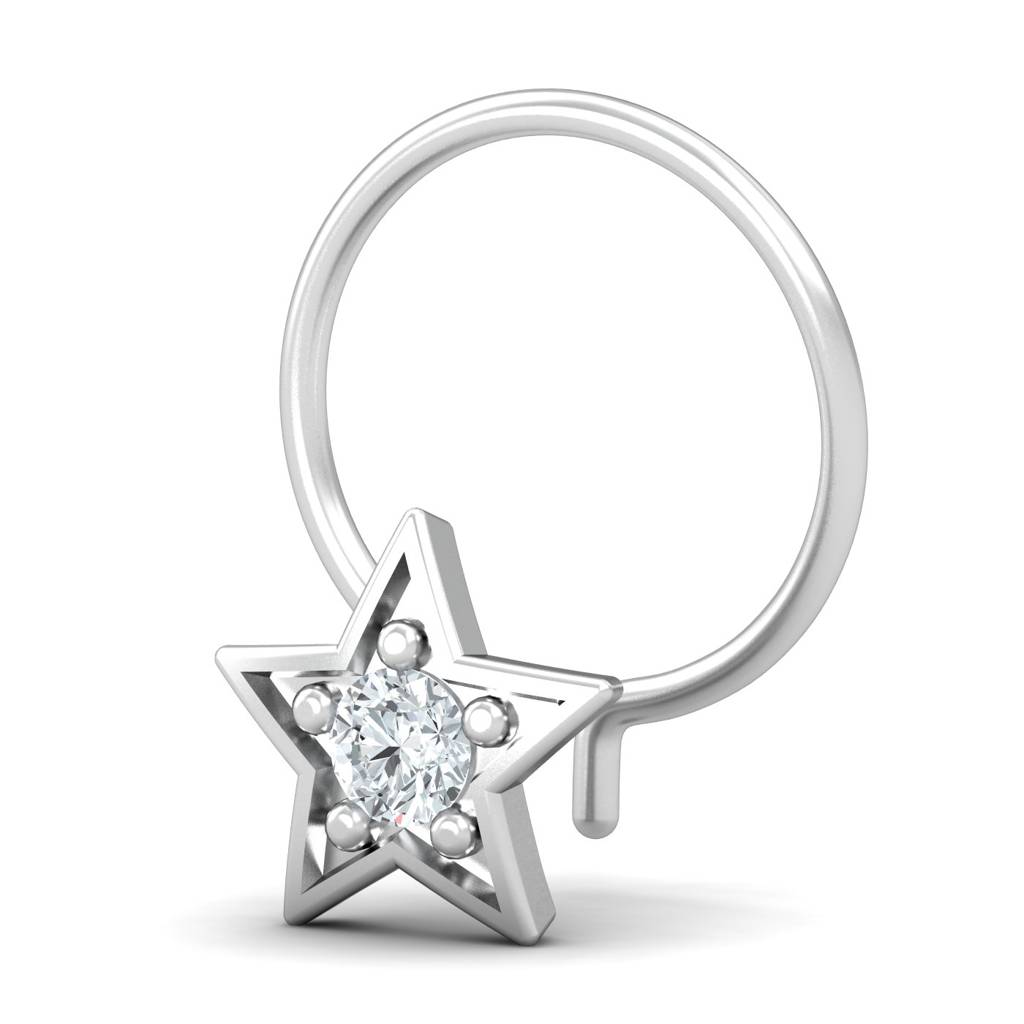 KuberBox 18K White Gold Star 0.06 Carat Nose Pin