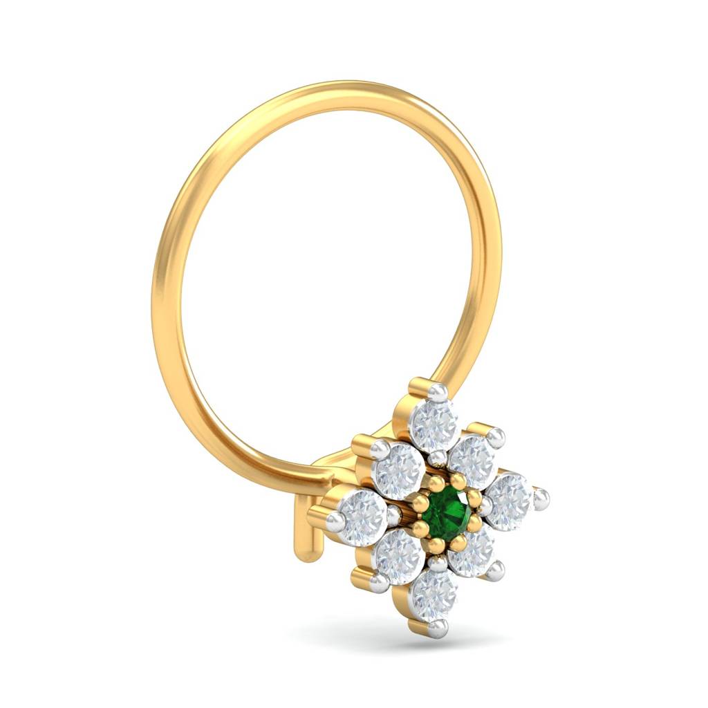 KuberBox 18K Yellow Gold Shagun Emerald Nose Pin