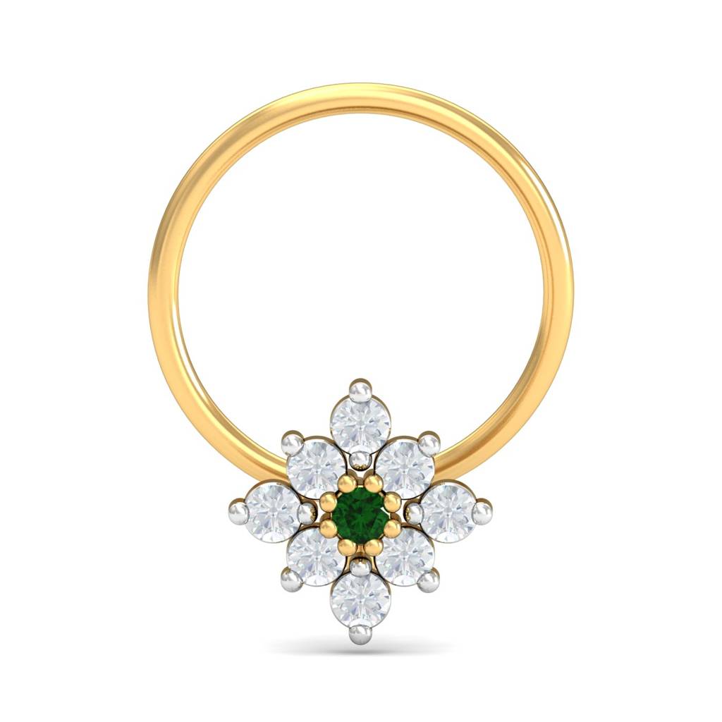KuberBox 18K Yellow Gold Shagun Emerald Nose Pin