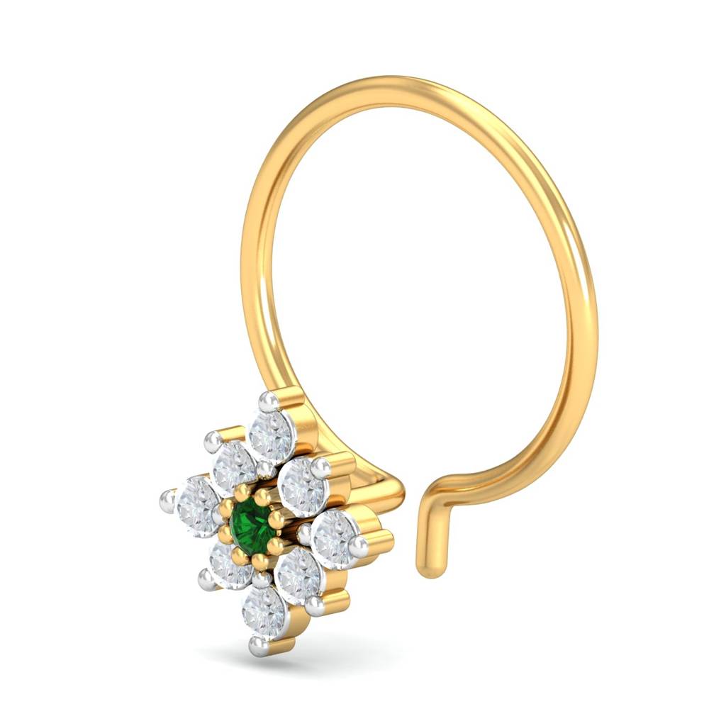 KuberBox 18K Yellow Gold Shagun Emerald Nose Pin