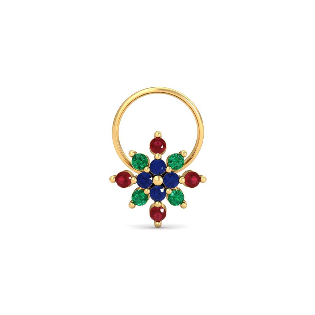 KuberBox 18K Yellow Gold Multi-Gems Nose Pin