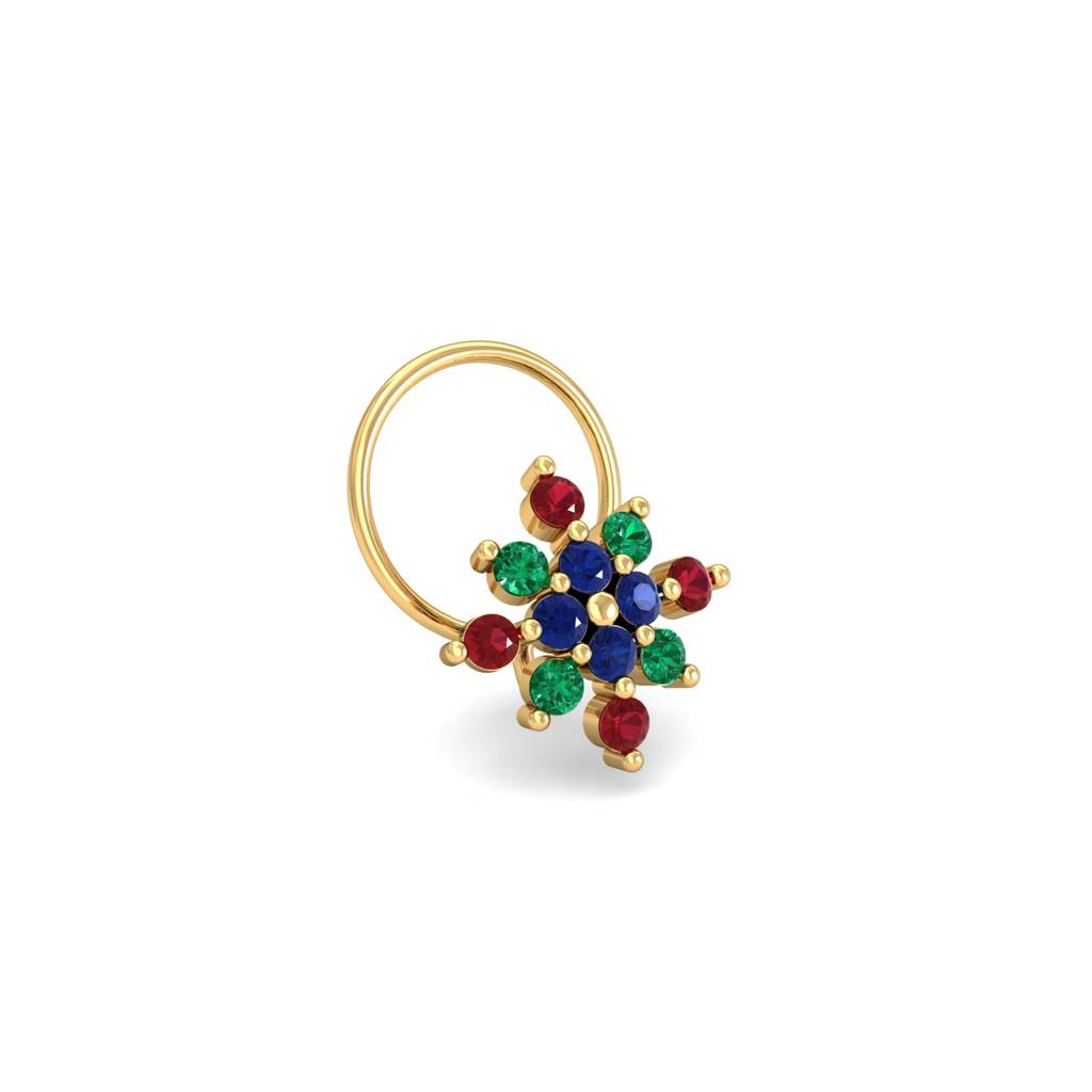 KuberBox 18K Yellow Gold Multi-Gems Nose Pin