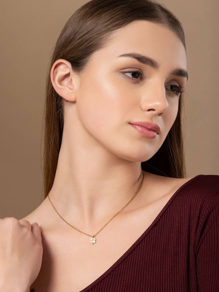 Pink & White Clover Gold Necklace For Women & Girls : NS13651-G-PNK