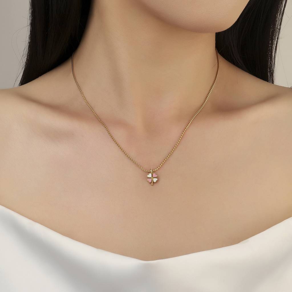 Pink & White Clover Gold Necklace For Women & Girls : NS13651-G-PNK