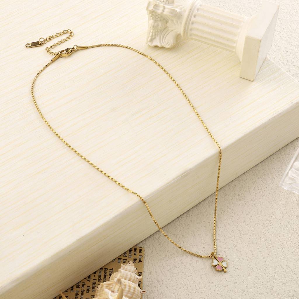 Pink & White Clover Gold Necklace For Women & Girls : NS13651-G-PNK