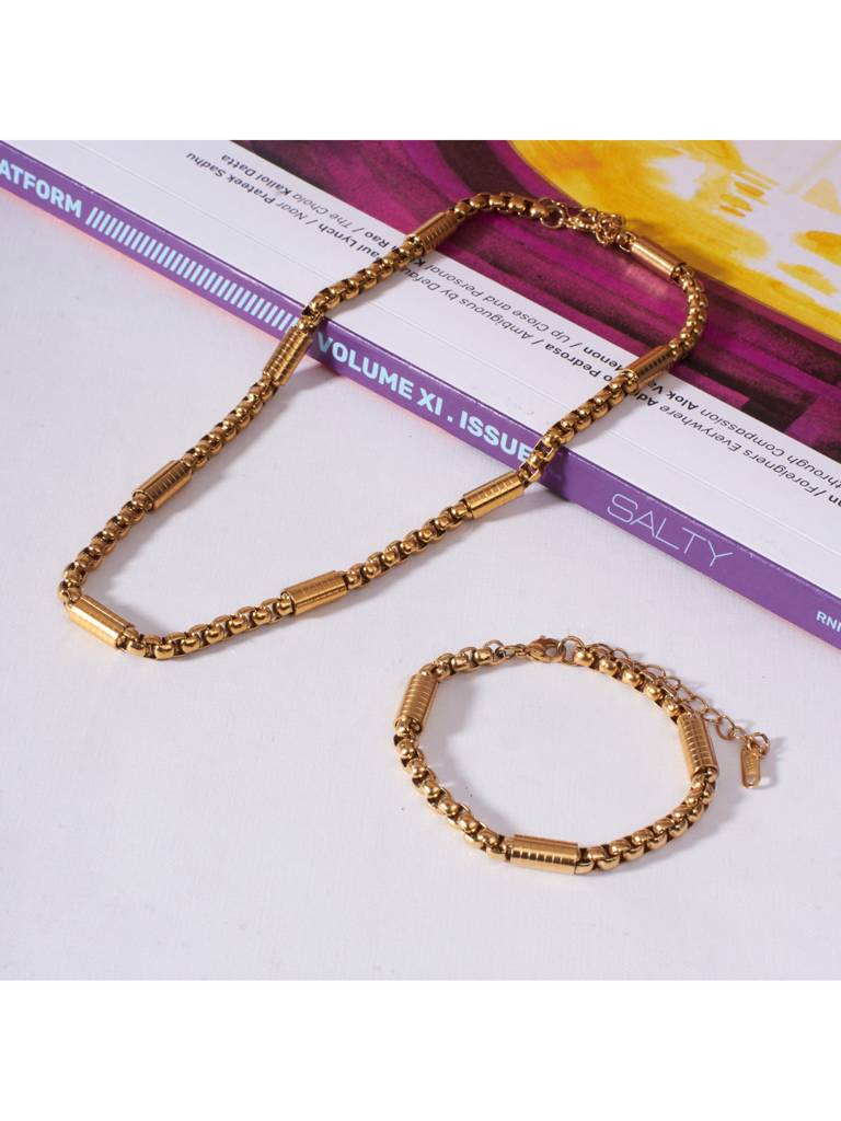 Molten Chain Necklace And Bracelet Set For Women & Girls : NS14000-G-BS14000-Gcombo