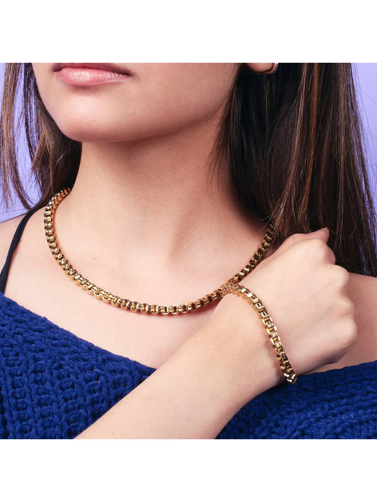 Bold Link Necklace & Bracelet Set For Women & Girls : NS14007-G-BS14007-Gcombo