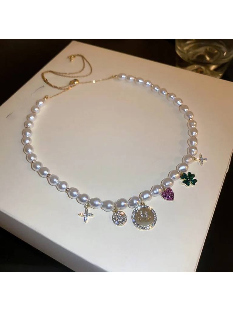 Sleek Pearl Tassel Charm Statement Necklace For Women & Girls : NS14128-S-WHT