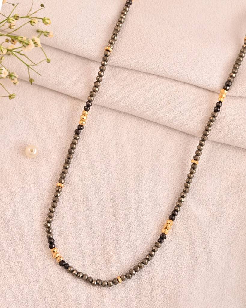 PYRITE NECKLACE WITH 925 SILVER SKULL BEAD--25 PYRITE NECKLACE W/ SKULL BEAD--25\
