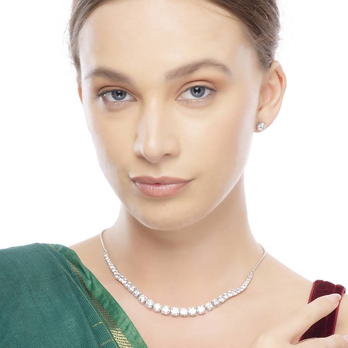 Classic Square Cz Silver Necklace Set