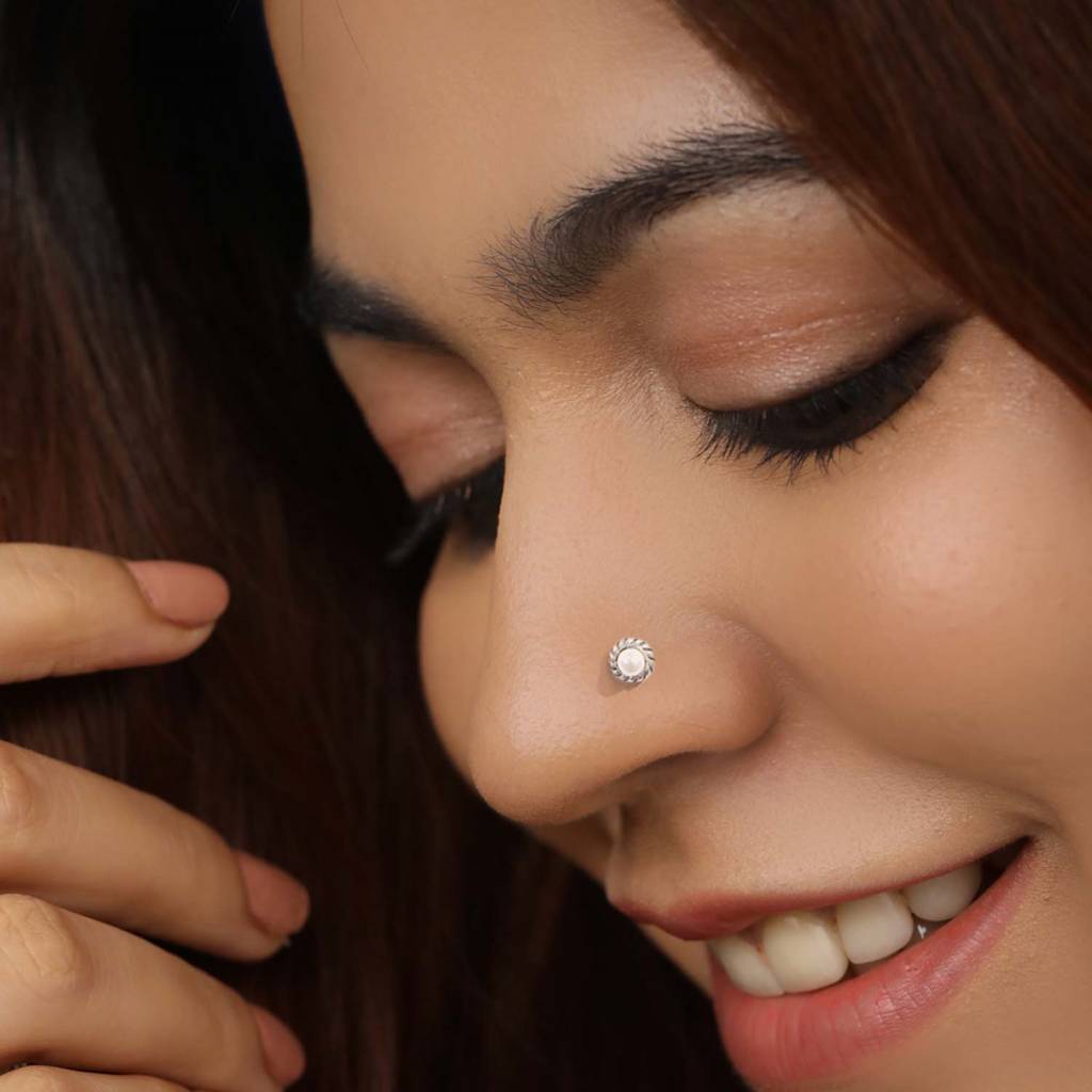 Floral Pearl Rhodium Plated 925 Sterling Silver Nosepin : NTH-10004