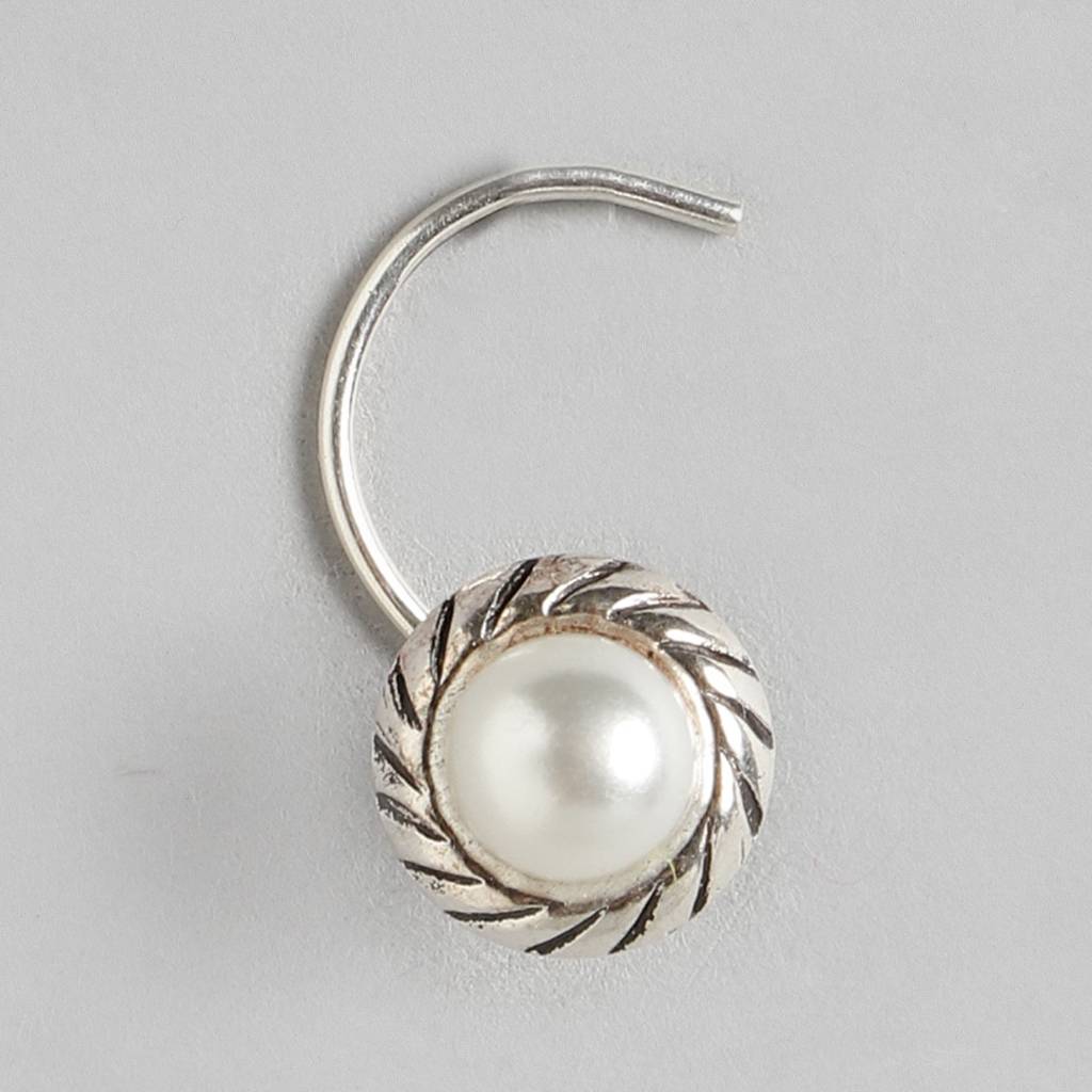 Floral Pearl Rhodium Plated 925 Sterling Silver Nosepin : NTH-10004