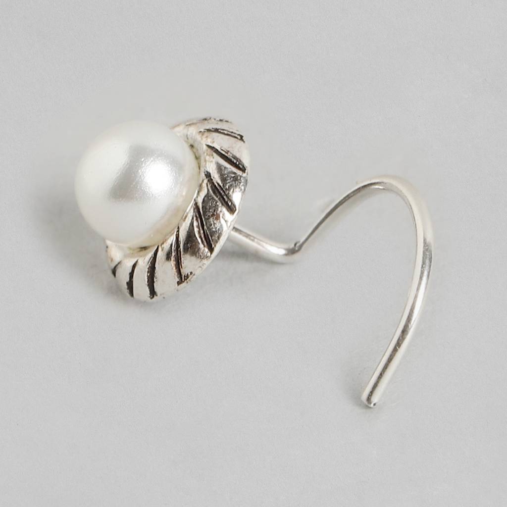 Floral Pearl Rhodium Plated 925 Sterling Silver Nosepin : NTH-10004