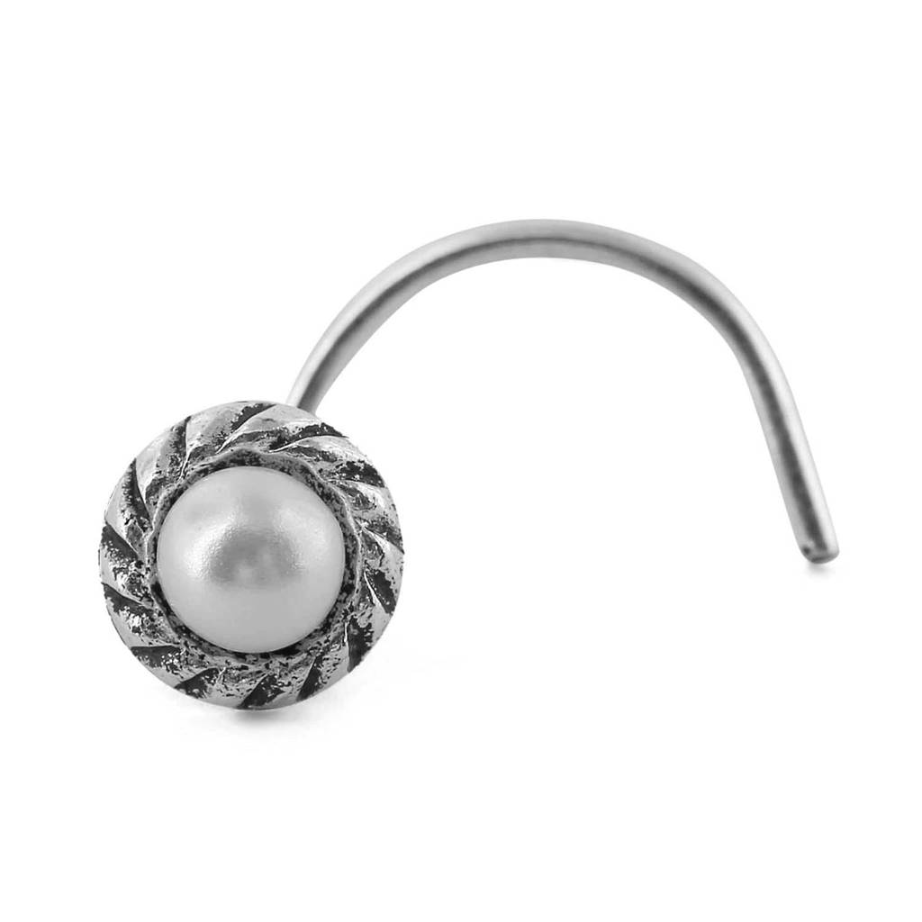 Floral Pearl Rhodium Plated 925 Sterling Silver Nosepin : NTH-10004