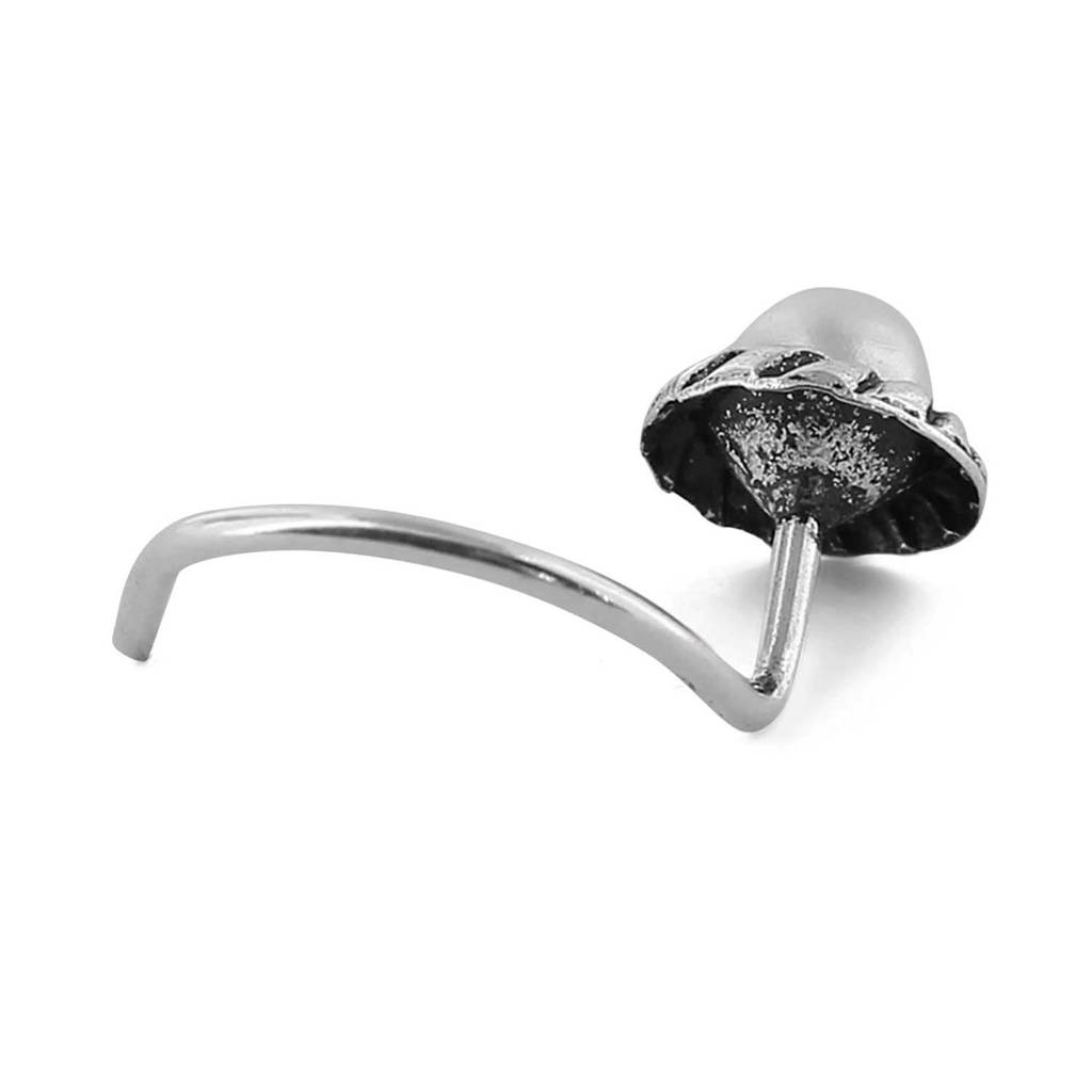 Floral Pearl Rhodium Plated 925 Sterling Silver Nosepin : NTH-10004