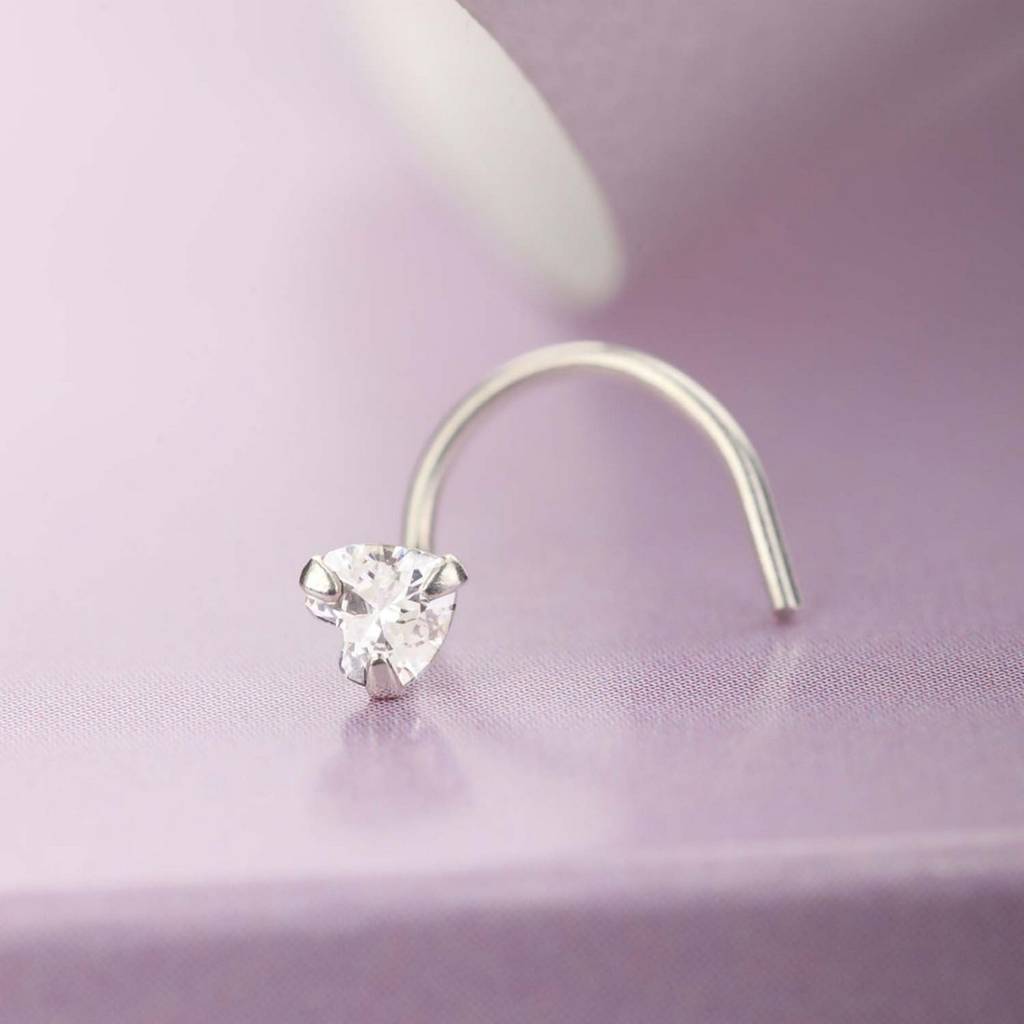Heart Cz Rhodium Plated 925 Sterling Silver Nose Ring Sterling  Silver Silver