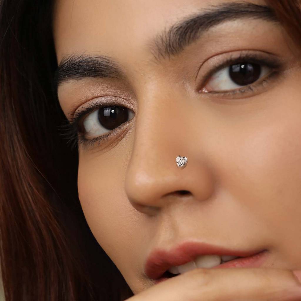 Heart Cz Rhodium Plated 925 Sterling Silver Nose Ring : NTH-10005