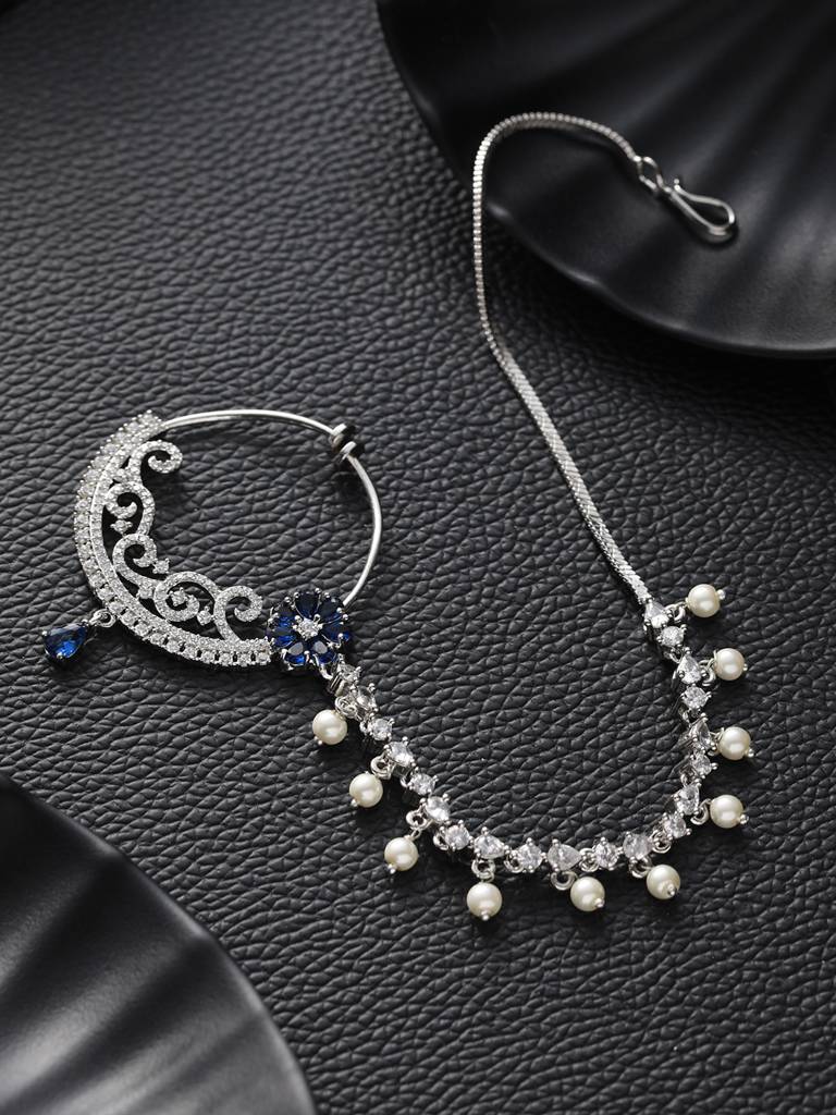 Silver-Plated Ad Studded Vilandi Chained Nosepin : NTH-JS22-90010