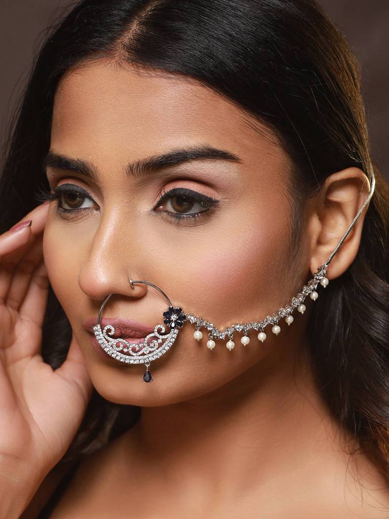 Silver-Plated Ad Studded Vilandi Chained Nosepin : NTH-JS22-90010