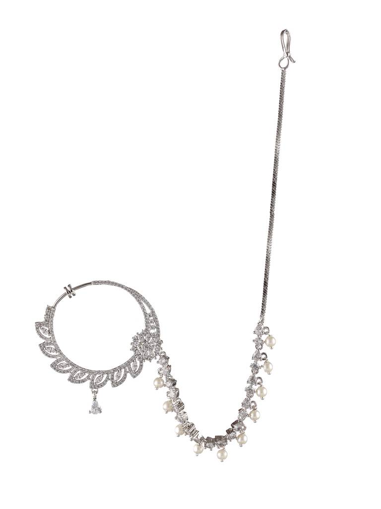 Silver-Plated Ad-Studded Nose Ring With Pearl Drop Chain : NTH-JS22-90011