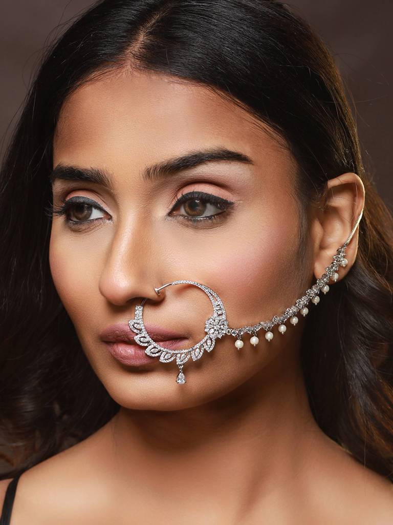 Silver-Plated Ad-Studded Nose Ring With Pearl Drop Chain : NTH-JS22-90011