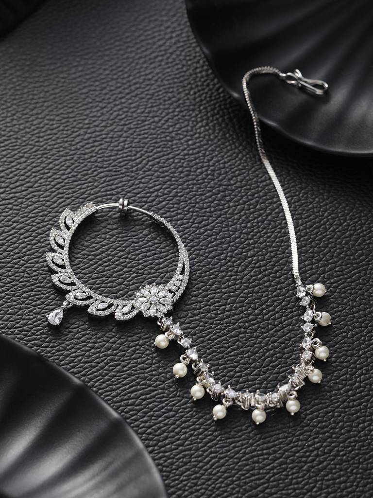 Silver-Plated Ad-Studded Nose Ring With Pearl Drop Chain : NTH-JS22-90011