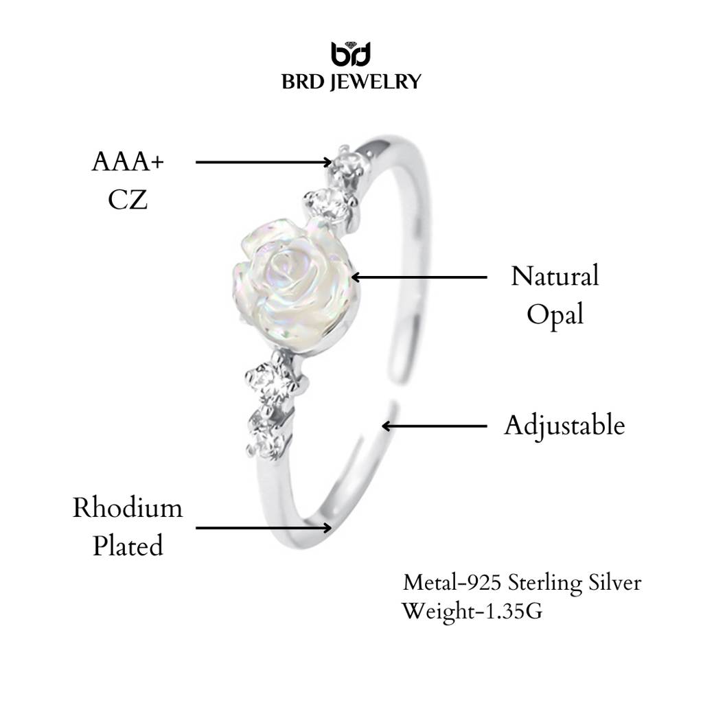 Brd Jewelry 925 Sterling Silver Natural Opal Rose Adjustable Ring For Women & Girls : BRD1448K