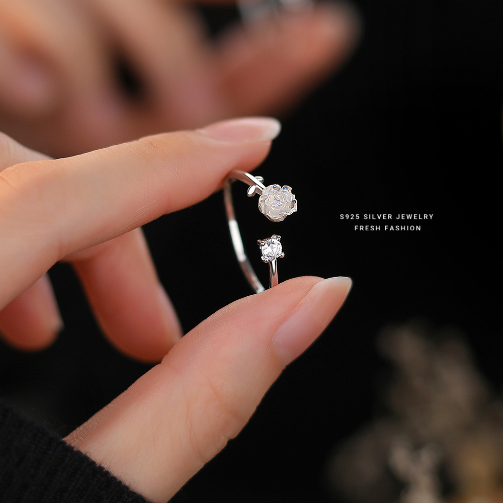 Brd Jewelry 925 Sterling Silver Natural Opal Rose & Diamond Adjustable Ring For Women & Girls : BRD1428K