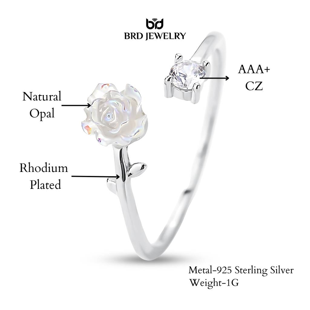 Brd Jewelry 925 Sterling Silver Natural Opal Rose & Diamond Adjustable Ring For Women & Girls : BRD1428K