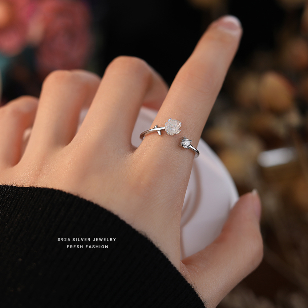 Brd Jewelry 925 Sterling Silver Natural Opal Rose & Diamond Adjustable Ring For Women & Girls : BRD1428K